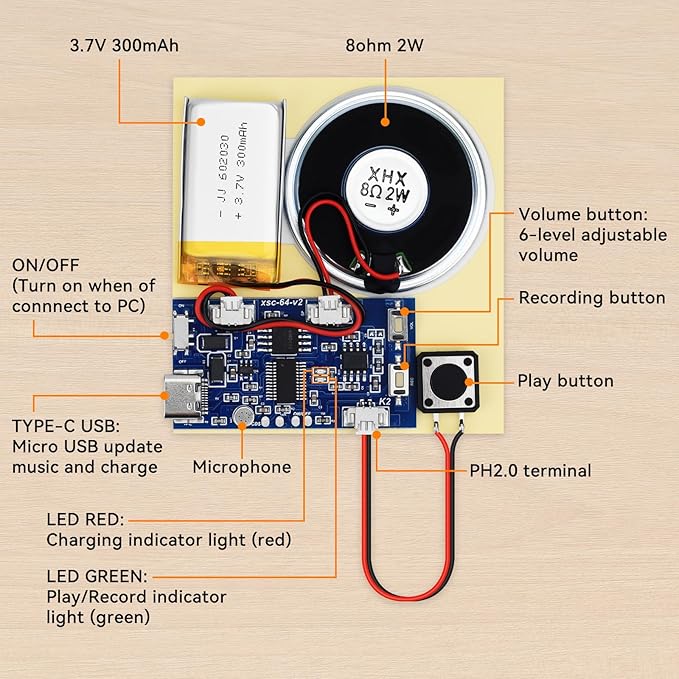 2PCS Sound Recorder Module DIY Music Voice Recording Module Chip with Speaker,Type-C Cable,Easy Recording Capability16 Minutes Music for Personalized Greetings, Holiday Crafts Cards with Manual