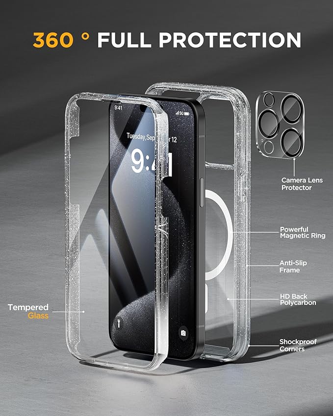 Miracase Magnetic for iPhone 15 Pro Max Case 6.7'' [Compatible with Magsafe] Full-Body Drop Proof Phone Case for iPhone 15 Pro Max with Built-in 9H Tempered Glass Screen Protector,Clear Glitter
