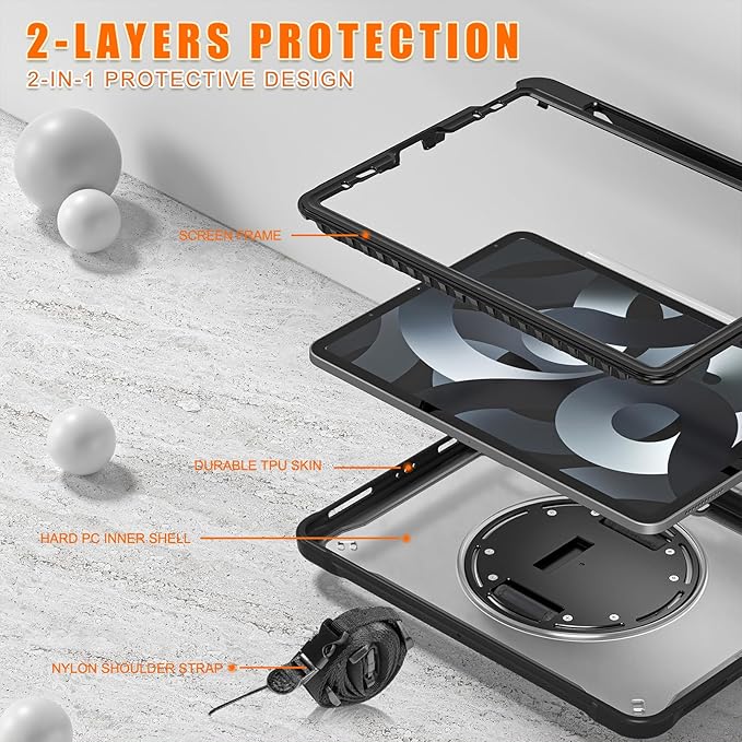 Batianda Case for iPad Pro 11-inch 2022 4th M2 Chip /2021 (3rd Generation) Heavy Duty Rugged Shockproof Tablet Cover with 360° Rotating Hand Strap Foldable Hidden Stand & Shoulder Strap, Black