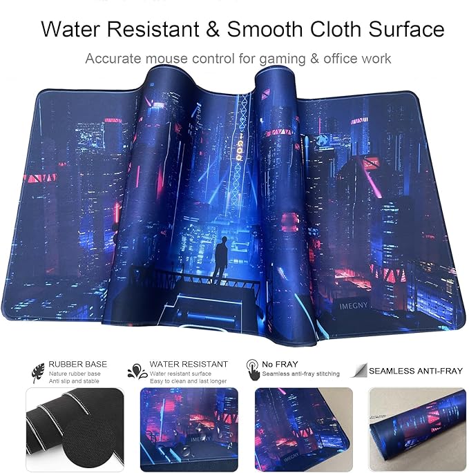 Extended Gaming Mouse Pad, Portable Mat for Keyboard & Mouse with Stitched Edges + Non-Slip Rubber Base (90x40 neoncity001)