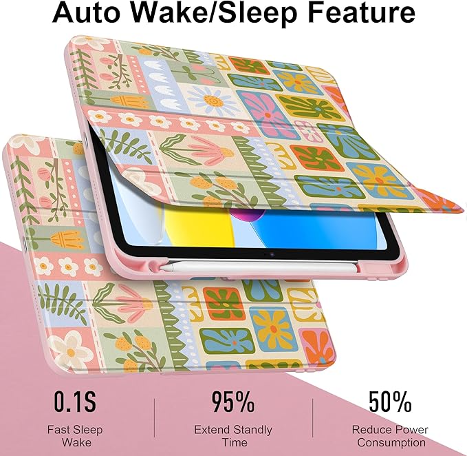 Case for iPad Air 11 inch M4 2026 M3 2025 M2 2024,iPad Air 5th (2022) / 4th (2020) 10.9 Inch Clear Back Shell Lightweight TPU Edge Trifold Stand Auto Wake Sleep Cute Cover, Flower Patchwork