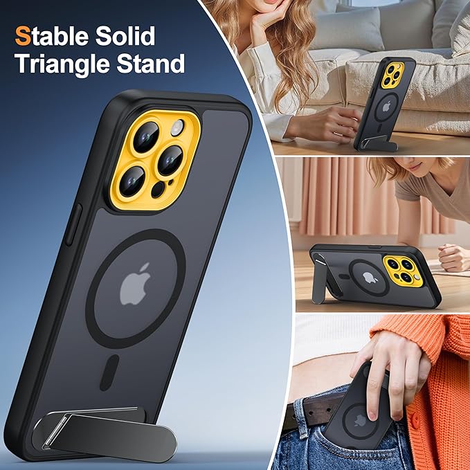 Magnetic Compatible with iPhone 15 Pro Max Case, [Built-in Kickstand][Full Camera Protection][Compatible with MagSafe][Anti-Fingerprint] Shockproof Phone Case for iPhone 15 Pro Max 6.7",Black & Yellow