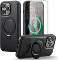 Compatible with iPhone 15 Pro Max Case with Stand, Compatible with MagSafe, Slim PU Leather & Durable TPU Protective Cover Drop-Proof with Tempered Glass Screen Protector 6.7", Black
