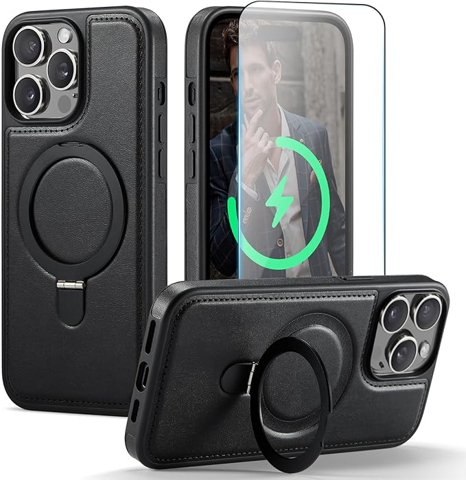 Compatible with iPhone 15 Pro Max Case with Stand, Compatible with MagSafe, Slim PU Leather & Durable TPU Protective Cover Drop-Proof with Tempered Glass Screen Protector 6.7", Black
