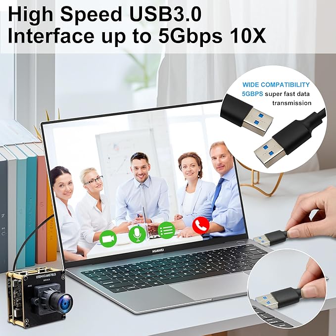 4K HDMI USB3.0 Simultaneous Output Camera, H.264 High Speed 60fps Low Illumination Color Webcam, 100° Wide Angle No Distortion Lens, Plug & Play for Windows Linux Android