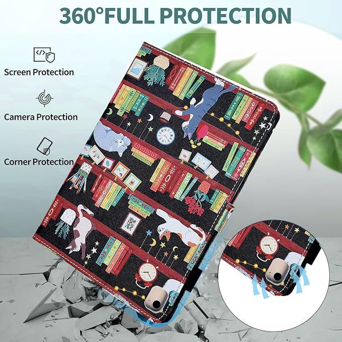 for iPad 9.7 inch Case iPad 6th/5th Generation Case 2018 2017, PU Leather Folio Stand Cute Cover for iPad 9.7 inch/iPad Pro 9.7/iPad Air 2/iPad Air 1, Auto Sleep/Wake, Bookshelf Cat