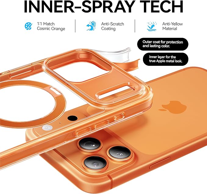 CASEKOO Official Cosmic Orange Smooth for iPhone 17 Pro Case with Ultra Magnetic Stand, Fit for MagSafe, 17FT Military Grade Protection, Transparent Slim Cover for iPhone 17 Pro 6.3'', Orange