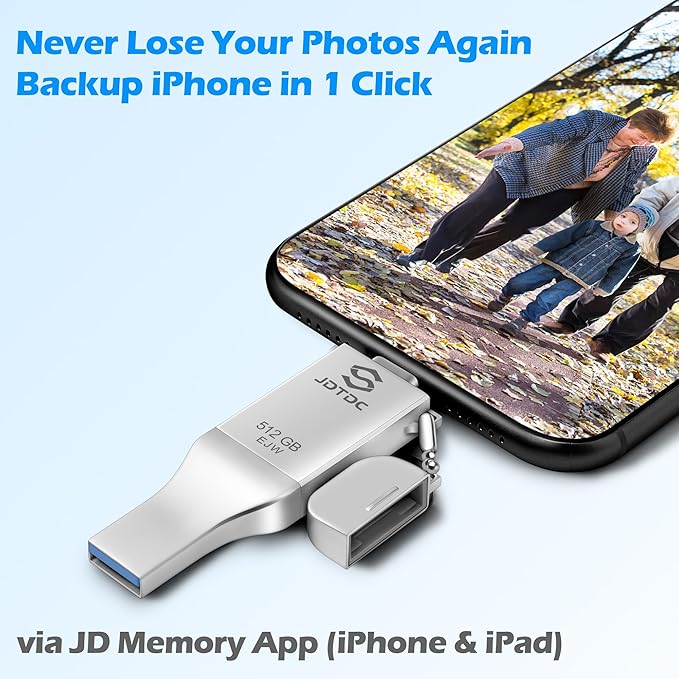 JSL JDTDC 512GB Genuine Apple MFi Certified iPhone Photo Stick, Real Capacity 3 in 1 USB C Flash Drive Thumb Drive for iPhone 16/15/14/13 iPad Android PC, Secure Encryption & 1-Tap Backup Memory Stick