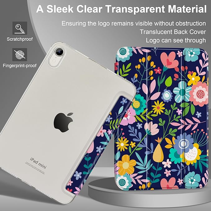DONGKE for iPad Mini 7 (A17 Pro) 2024 & iPad Mini 6 2021 8.3 Inch, Slim Foldable Stand Hard PC Translucent Back Shell Smart Cover for iPad Mini 7th/6th Generation [Auto Wake/Sleep] - Beautiful Flowers