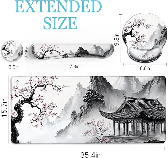 LIMKRIAN Japanese Ergonomic Mouse Pad Large Desk Mat Set, XXL Anime Mousepad with Wrist Rest, Wrist Support Gaming Keyboard Mat Cup Coaster Set, Japanese Style Office Desk Accessories Decor
