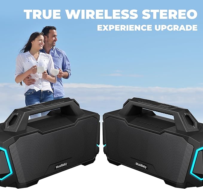 Musibaby Bluetooth Speaker,80W Portable Bluetooth Speaker with Deep Bass,Loud Stereo Sound,IPX6 Waterproof,24H+ Playtime,USB/TF/AUX,Dual Pairing Party Speaker for Outdoor,Beach,Patio (Black)