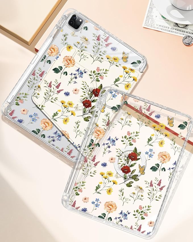 Shorogyt for iPad Air 13 Inch (M4) 2026/ M3 2025 & M2 2024 /for i Pad Pro 12.9 inch (3/4/5/6th Gen) for Magnetic Stand for Women - Cute 360 Rotating Covers Girls with Pencil Holder, Retro Flower