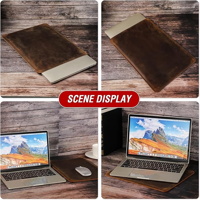Top Grain Leather 13.3" Slim Laptop Sleeve Case Protector, Minimalist Vintage Design, Handmade, Compatible with MacBook Pro 13.3" MacBook Air M1/M2 ZENBOOK 13.3" & other PC, Coffee 13.3 Inch