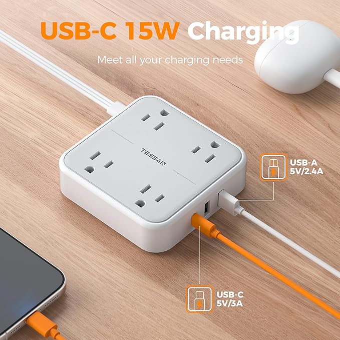 TESSAN Surge Protector Flat Extension Cord 3Ft, Ring Plug Power Strip with 4 Outlets 3 USB Ports (1 USB C), 900 Joules Protection, Multiple Wall Outlet Extender Suitable for Home Office Dorm, Grey