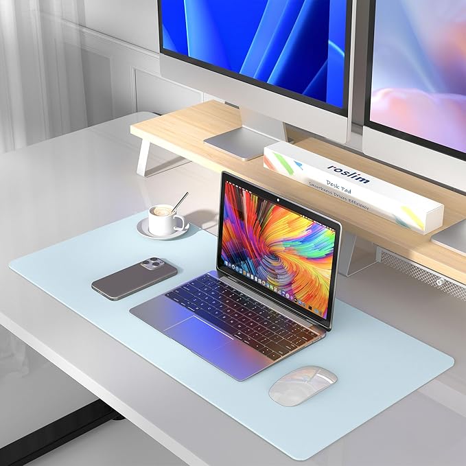 Mouse Pad Desk Protector Mat, Large PU Leather Office Desk Mat, Non-slip Desk Pad for Keyboard and Mouse, Waterproof Desk Blotter Pad for Writing, Wide & Smooth Laptop Desk Pads, Baby Blue (17’’X36’’)