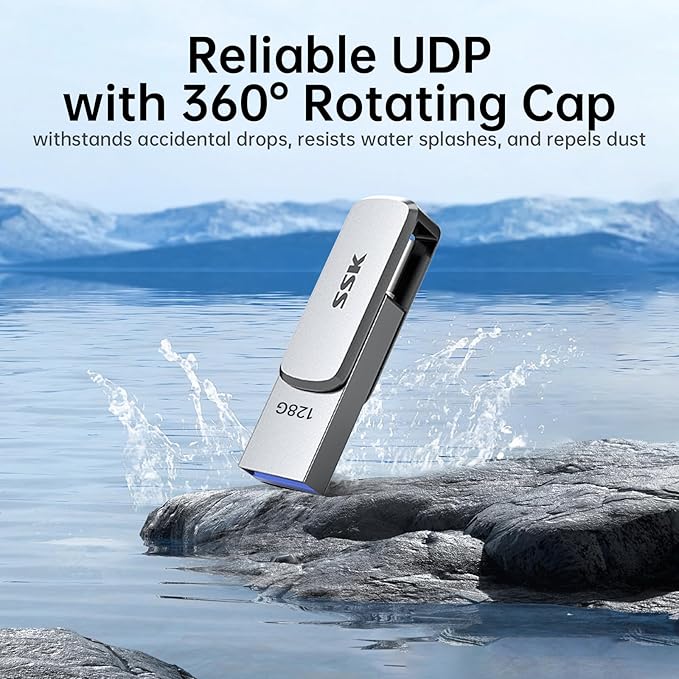 SSK 128GB Flash Drive USB C Thumb Drive up to 240 MB/s, Dual USB FlashDrive USB-C and A 3.2, Zinc Pendrive Memory Stick for iPhone 15/16Pro/Win/Android OTG with Water, Dust, and Drop Resistance