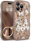 GVIEWIN for iPhone 16 Pro Max Case Compatible with MagSafe [Curly Wave Edge][Full Camera Protection] Floral Translucent Shockproof Magnetic Women Phone Case for 16 Pro Max, Dogwood/Brown