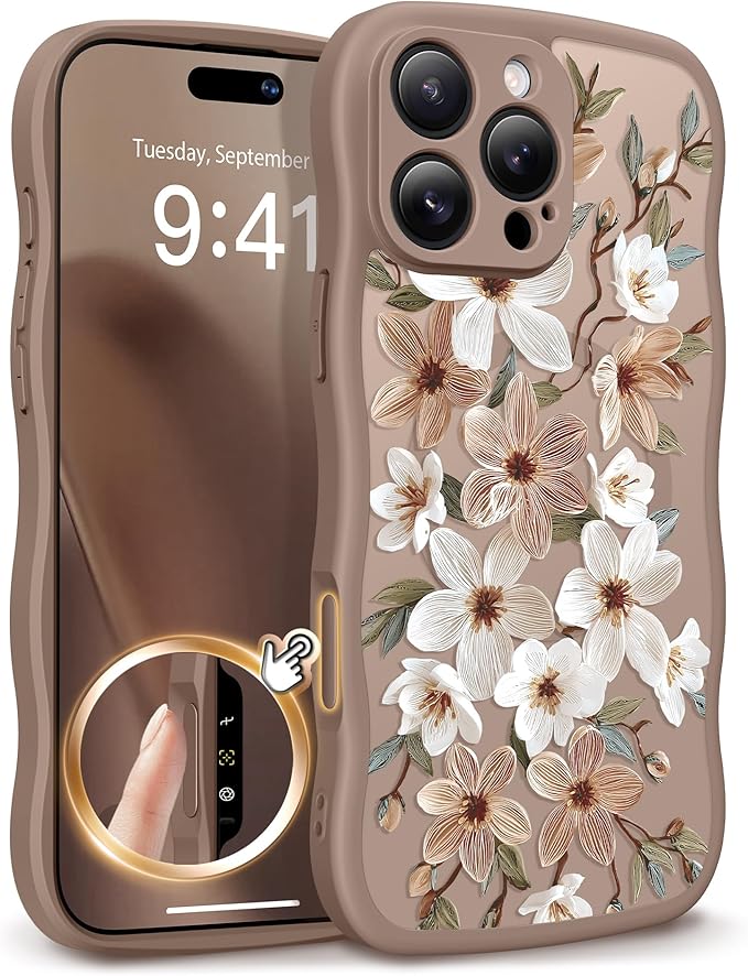 GVIEWIN for iPhone 16 Pro Max Case Compatible with MagSafe [Curly Wave Edge][Full Camera Protection] Floral Translucent Shockproof Magnetic Women Phone Case for 16 Pro Max, Dogwood/Brown