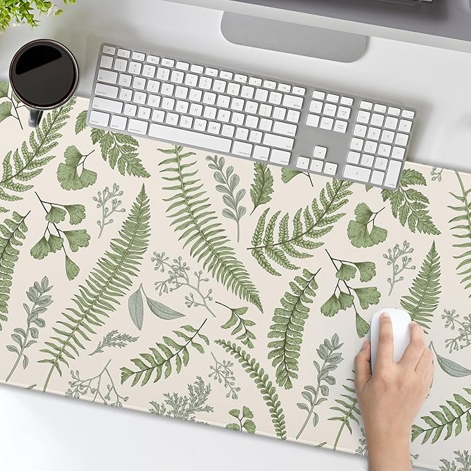 White Green Plant Flowers Mouse Pad XXL Tropical Fern Botanical Leaves Extended Desk Mat 90X40cm Non-Slip Rubber Base Stitched Edge Large Mousepad for Gaming Laptop Computer Desktop 35.4×15.7 Inch