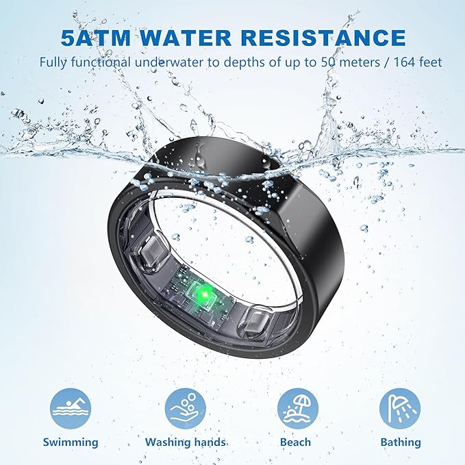 Smart Ring for Women Men, Titanium Fitness Ring with Heart Rate, Stress & Sleep Monitoring,Step & Calorie Counter, 5ATM Waterproof for iPhone and Android,No Subscription Fee (Black, 6)