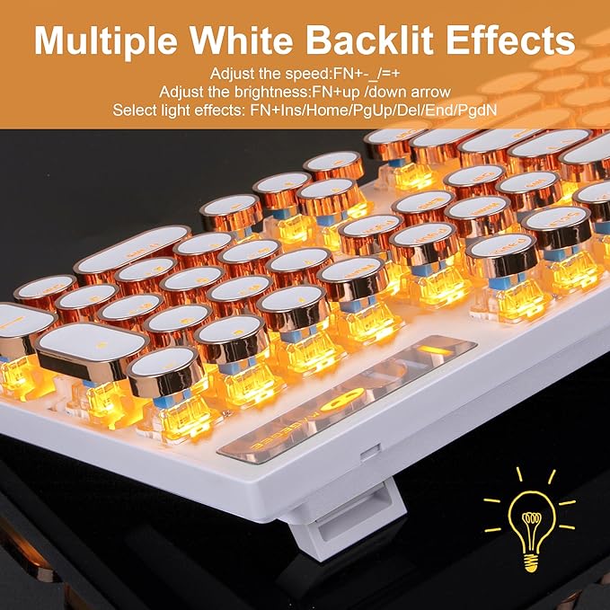 Camiysn Typewriter Style Mechanical Keyboard, Retro Punk Gaming Keyboard with Gold LED Backlit, Cute Wired Keyboards,104 Keys Full Size Keyboards, Uique Round Keycaps for Windows/Mac/PC(White&Gold)