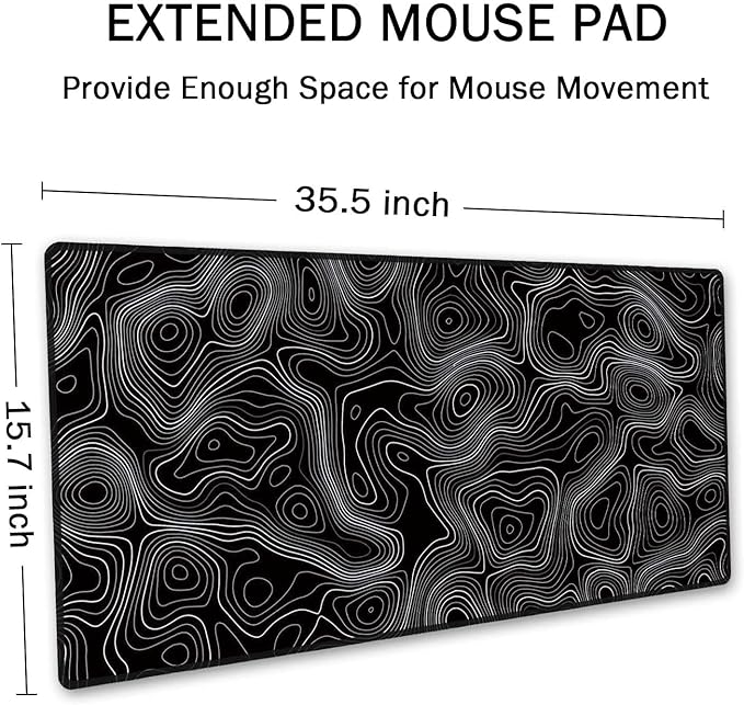 SSOIU Black Topographic Extended Gaming Mouse Pad XXL ArtSo Large Keyboard Mat Long Mousepad Desk Decor Writing Pad Non Slip Rubber Base Stitched Edges for Work, Game, Office, Home, 35.5" x 15.7"