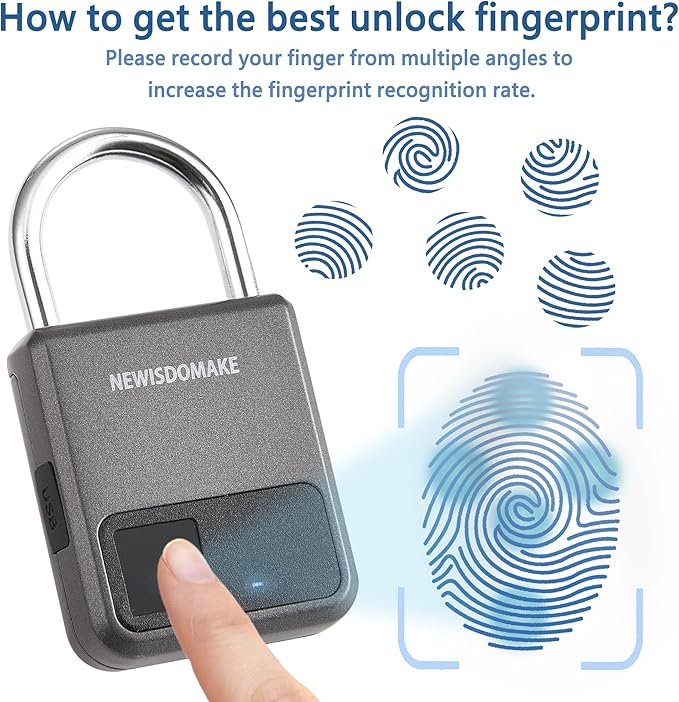 Fingerprint Padlock, Smart Padlock with Fingerprint or Remote Authorized Unlock, Biometric Lock Suitable for Luggage, Bookcase, Suitcase, Backpack, Bike, School Locker, Gym Locker Lock(Gray)