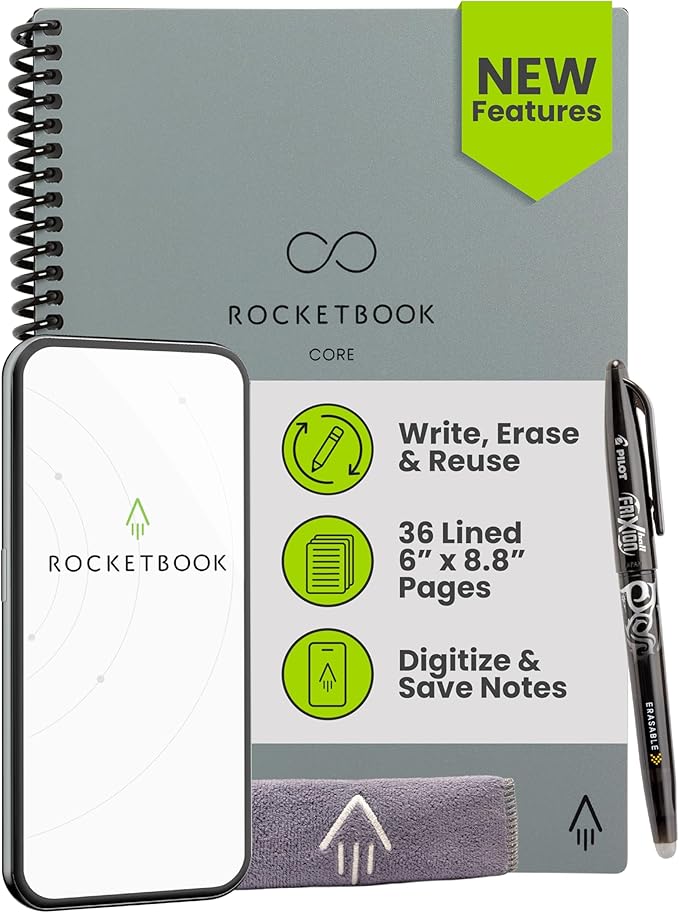 Rocketbook Core Reusable Smart Notebook, Lined Pages For School, Work and Creative Projects, Executive Size 6x8.8, Gray- Premium