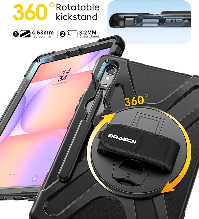 BRAECN Case for Samsung Galaxy Tab S10 Lite/S10 FE/S9 FE 5G 10.9"& S9/S8/S7 11",Heavy Duty Shockproof Silicone Cover with 360 Rotating Stand &Hand Strap, Kickstand, Shoulder Strap, S Pen Holder, Black