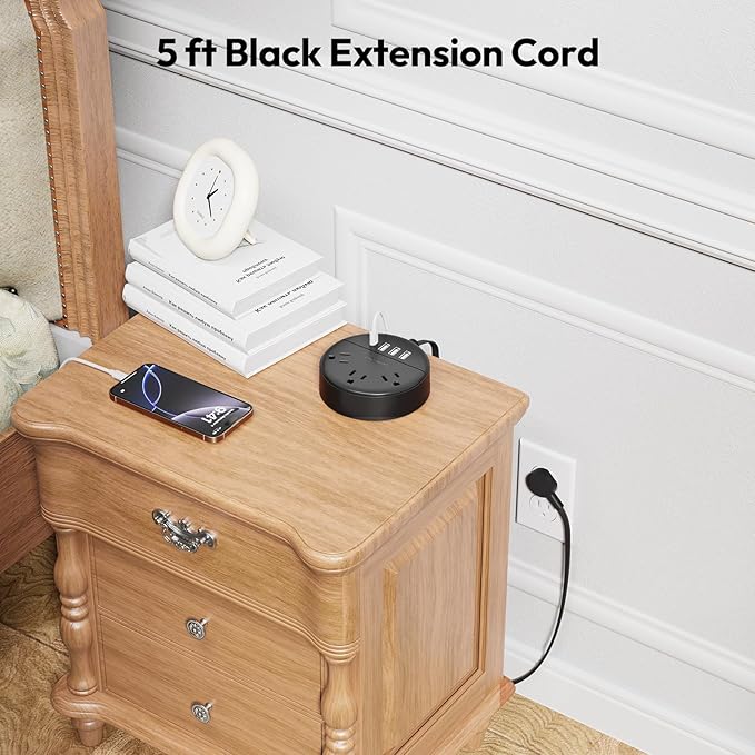 Flat Plug Power Strip with USB Ports, NTONPOWER Nightstand Desktop Charging Station with 5ft Extension Cord, Wall Mount with 3 Outlet 4 USB(1 USB C), Small Size for Travel Home Office Dorm Room, Black