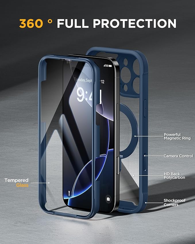 Miracase for iPhone 16 Pro Max Case with 360° Magnetic Ring Stand [Compatible with Magsafe] Full-Body Drop Proof Bumper Phone Case with Built-in 9H Tempered Glass Screen Protector,Blue