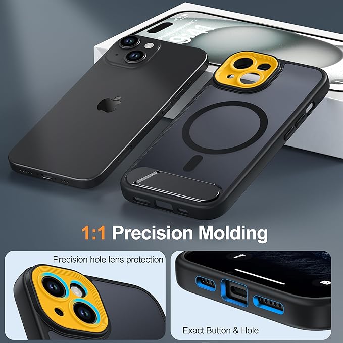 Magnetic Compatible with iPhone 15 Case, [Built-in Invisible Kickstand][Compatible with MagSafe][Full Camera Protection] Translucent Matte Phone Case for iPhone 15 6.1"