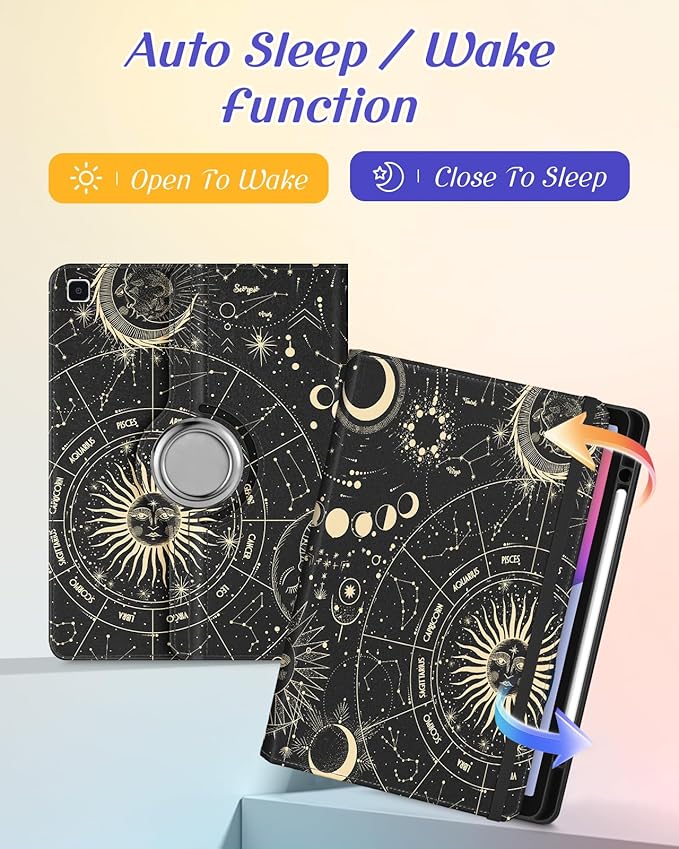 Kidcube for Samsung Galaxy Tab S6 Lite Case 10.4 Inch 2024/2022/2020 - Women Girls Cute Rotating Stand Folio Cover with Pencil Holder & Card Slot Girly Sun Moon Stars Design Cases for Tab S6 Lite