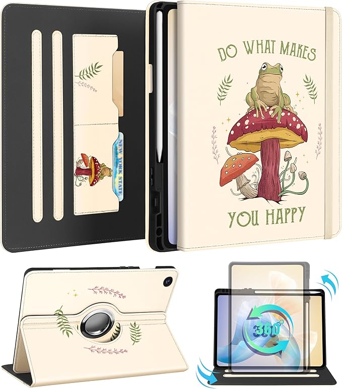 Kidcube for Samsung Galaxy Tab A9 Plus Case 11 Inch - for Women Girls Kids Cute Rotating Stand Folio Cover with Pencil Holder & Card Slot Cool Frog Mushroom Design for Samsung A9 Plus Tablet Cases
