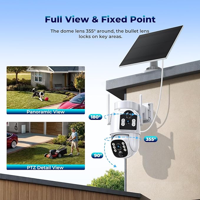 Solar Security Cameras Wireless Outdoor, Dual-Lens Security Camera System, Multi-Angle Monitoring, 360°PTZ, 2K Color Night Vision,2-Way Audio, 0 Monthly Fee, 2.4 & 5GHz WiFi
