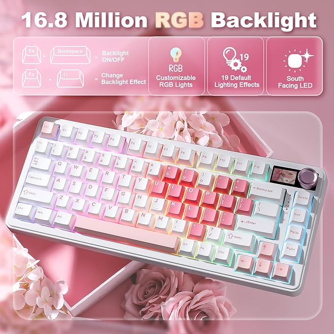 YUNZII B75 PRO MAX QMK/VIA Wireless Mechanical Keyboard,75% Layout with Screen and Knob,Custom Hot Swap Gasket,Creamy Pre-lubed Switches,Bluetooth/Type-C/2.4G for Win/Mac (White Heart,Candy Switch)