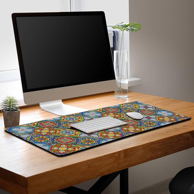 Extra Large Mouse Pads Gold Pad for Mouse Gaming Mousepad Computer Mat Large Mouse Mat Non-Slip Rubber Base 35.4 X 15.7 for Game Office, Mexican Talavera Ceramic Tile Pattern
