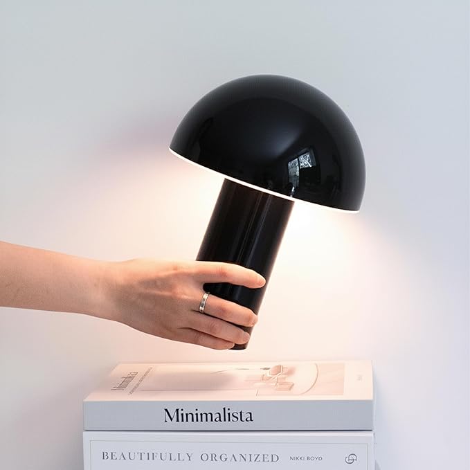 Brightech Celia Small Lamp – 10" Touch-Controlled Mushroom Table Lamp, Cordless & Dimmable LED, Portable Rechargeable Bedside Night Light, Sustainable Recycled Modern Patio Lamp for Home Décor – Black