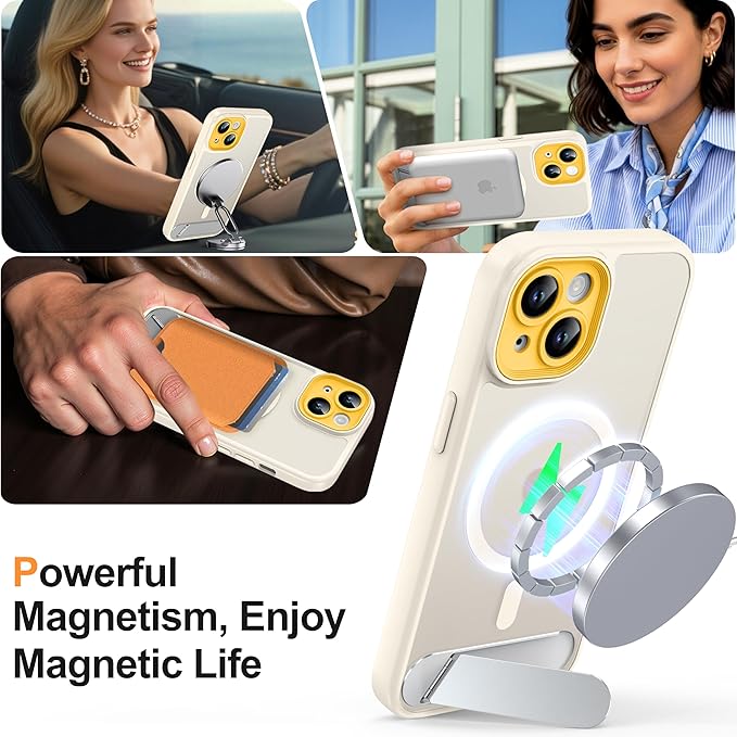 Magnetic Compatible with iPhone 15 Case, [Built-in Invisible Kickstand][Compatible with MagSafe][Full Camera Protection] Translucent Matte Phone Case for iPhone 15 6.1"