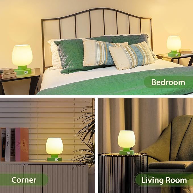 ONEWISH Touch Bedside Table Lamp with USB Charging - 3 Way Dimmable Small Glass Lamp for Bedroom, 2700K LED Bulb Included, Green, 2 Packs