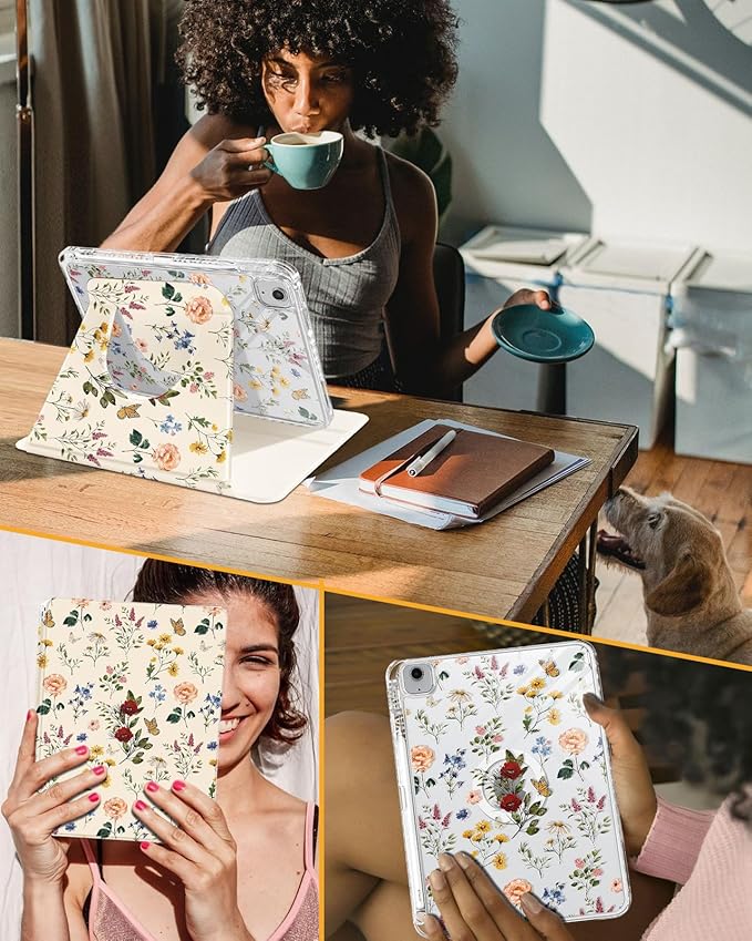 Shorogyt for iPad Air 11 Inch Case Air M4 2026, 8th Gen/M3 2025/M2/Air 5th Generation 2022/Air 4th Gen 2020/Pro 11 Inch Case Magnetic Stand for Women - Cute 360 Degree Rotating Covers Girls Flower
