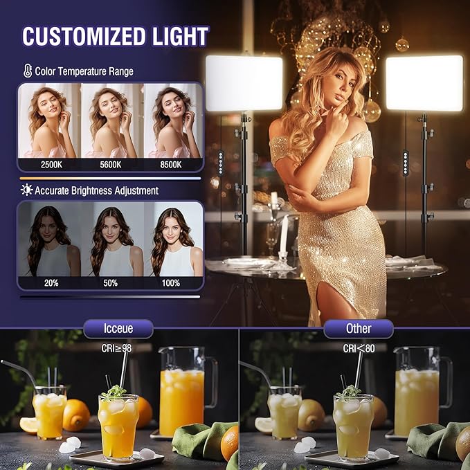 LED Video Light Kit with Adjustable Tripod Stand 63'', 2500K-8500K Dimmable Photography Lighting Continuous Studio Light for Game Streaming, YouTube