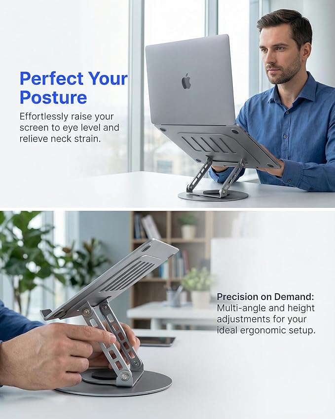 Compatible 360° Rotating Adjustable Laptop Stand, Fully Foldable Dual Rotary Shaft Laptop Riser Portable Standing Desk, Fits MacBook & All 10-15 Inch Laptops - Grey