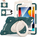 Andnary Case for iPad 9th/8th/7th Generation 10.2 inch, Shockproof Cover with Screen Protector/360° Rotate Stand/Pencil Holder/Shoulder Strap, Kids Case for iPad 2021/2020/2019 (Dark Green+White)