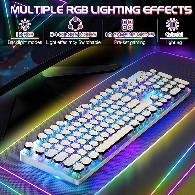 YSCP Typewriter Style Mechanical Gaming Keyboard RGB Backlit Wired with Blue Switch Retro Round Keycap 104 Keys Keyboard (R-White)