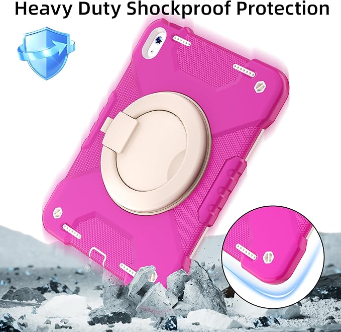 Andnary Case for iPad (A16) 11th Generation 11 inch 2025/10th Generation 10.9 inch 2022, Shockproof Cover with Screen Protector/360° Rotate Handle/Bracket/Pen Holder/Shoulder Strap (Rose Red+White)