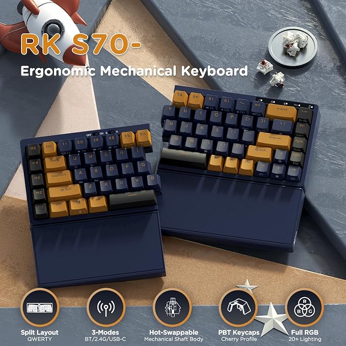 RK ROYAL KLUDGE RKS70 Ergonomic Split Keyboard, Wireless PC Gaming Keyboard with Bluetooth/2.4G/Wired, Hot Swappable Mechanical Keyboards w/Fixed Wrist Rest, PBT Keycaps, Tactile Switches, Black