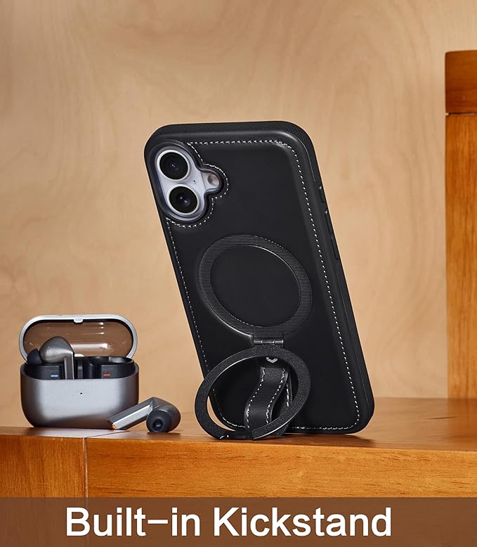 Butaiga for iPhone 17 Leather Case with Stand, Anti-Slip Grip Ring, Fits for MagSafe (Black, iPhone 17)
