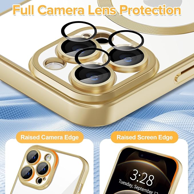 Hython Magnetic Clear for iPhone 12 Pro Max Case with Camera Lens Protector [Compatible with MagSafe] Plating Edge Slim Soft TPU Cover Protective Phone Case for iPhone 12 Pro Max 6.7", Matte Gold