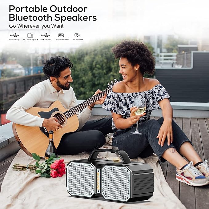 BUGANI Shock Bluetooth Speaker, Portable Bluetooth 5.3, Waterproof, 60W Super Power, Outdoor Speaker, Black(New Model)